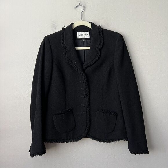 Albert Nipon Blazer Womens Size 4 Wool Blend Black Fringe Details Jacket Lined - Picture 3 of 12